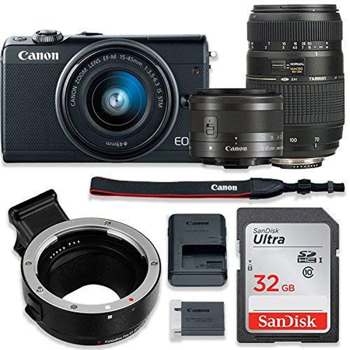 Canon EOS M100 Mirrorless Digital Camera with 15-45mm Lens & Tamron 70-300mm | Auto (EF/EF-S to EF-M) Mount Adapter Bundle