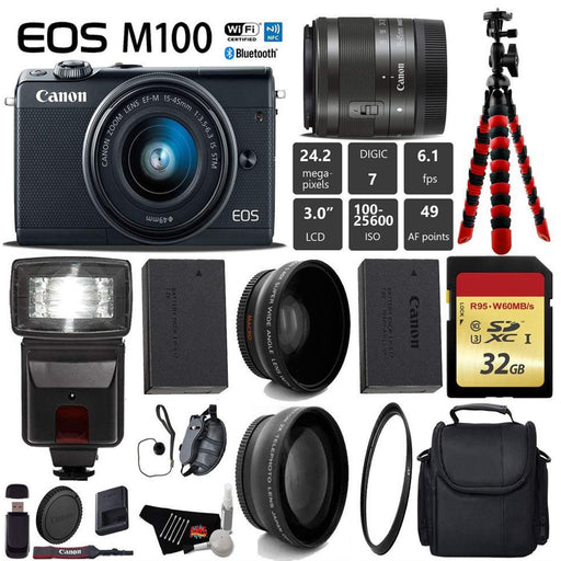 Canon EOS M100 Mirrorless Digital Camera with 15-45mm Lens| Flash | UV FLD CPL Filter Kit | Wide Angle &amp; Telephoto Lens | Camera Case