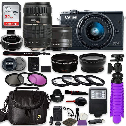Canon EOS M100 Mirrorless Digital Camera with 15-45mm Lens &amp; Tamron 70-300mm Di LD Lenses | (EF/EF-S to EF-M) Mount Adapter | Gadget Bag Package