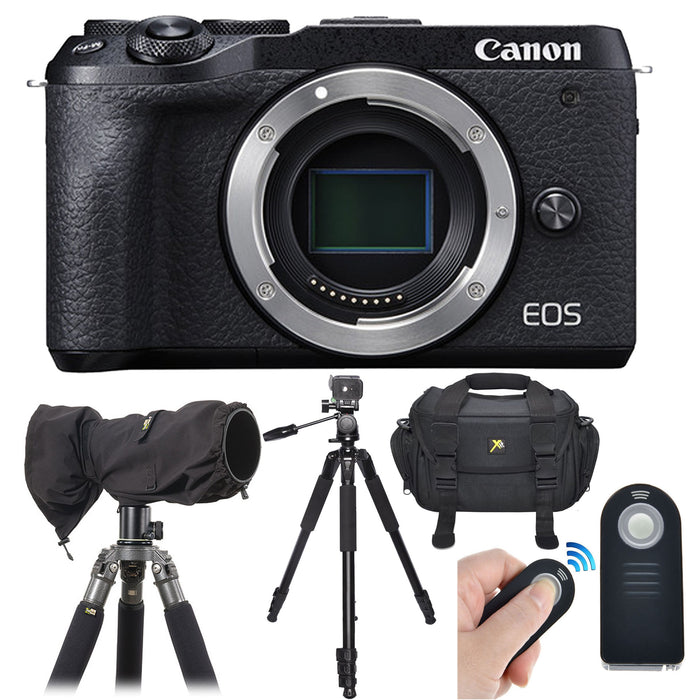 Canon EOS M6 Mark II Mirrorless Digital Camera (Body Only) with RainCoat Large Sleeve | Tripod | Case &amp; Remote Package Deal