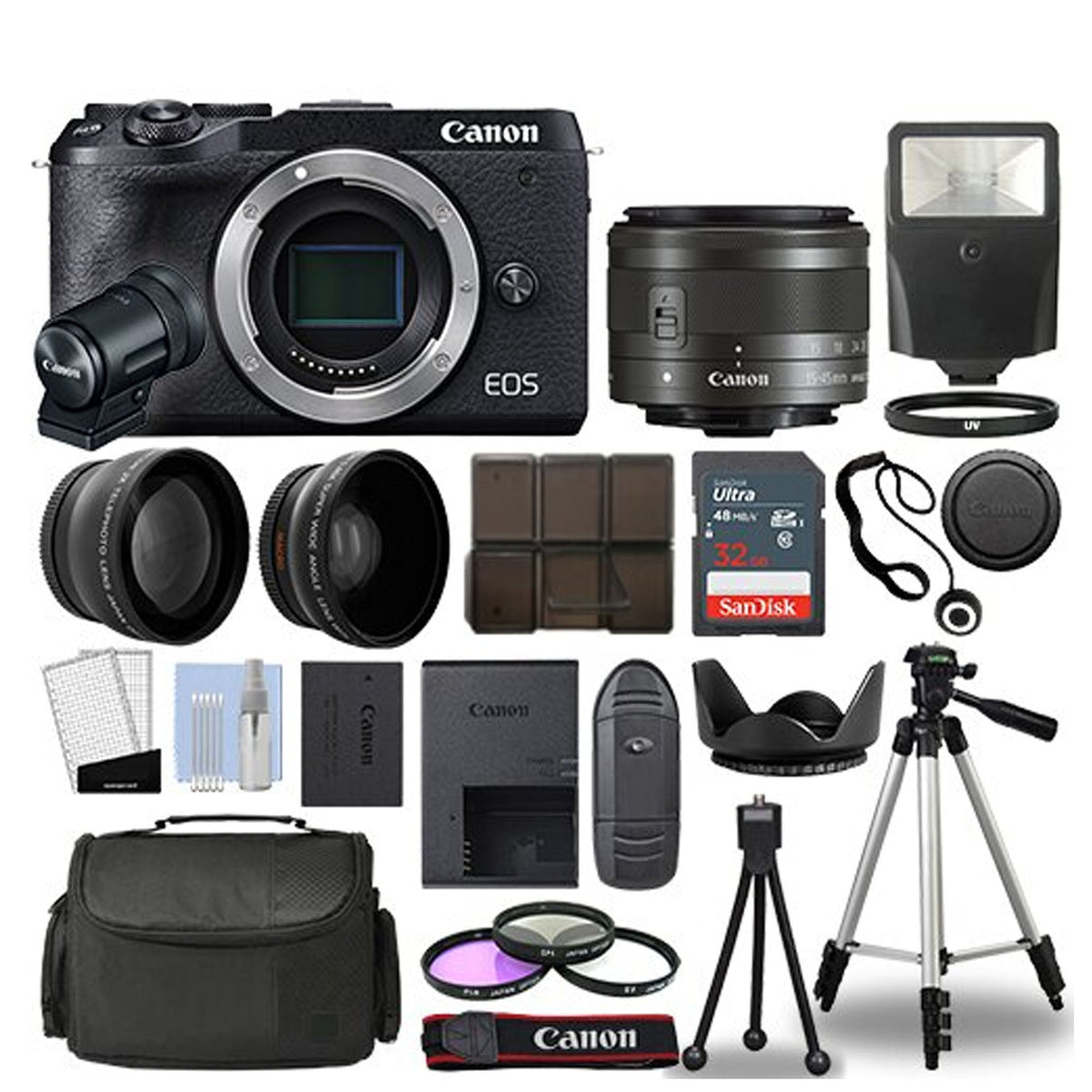 Canon EOS M6 Mark II Mirrorless Camera with EF-M 15-45mm is STM Lens  EVF-DC2 Viewfinder Silver Bundle w/ 32GB SDHC Card 49mm Filter Kit Camera 