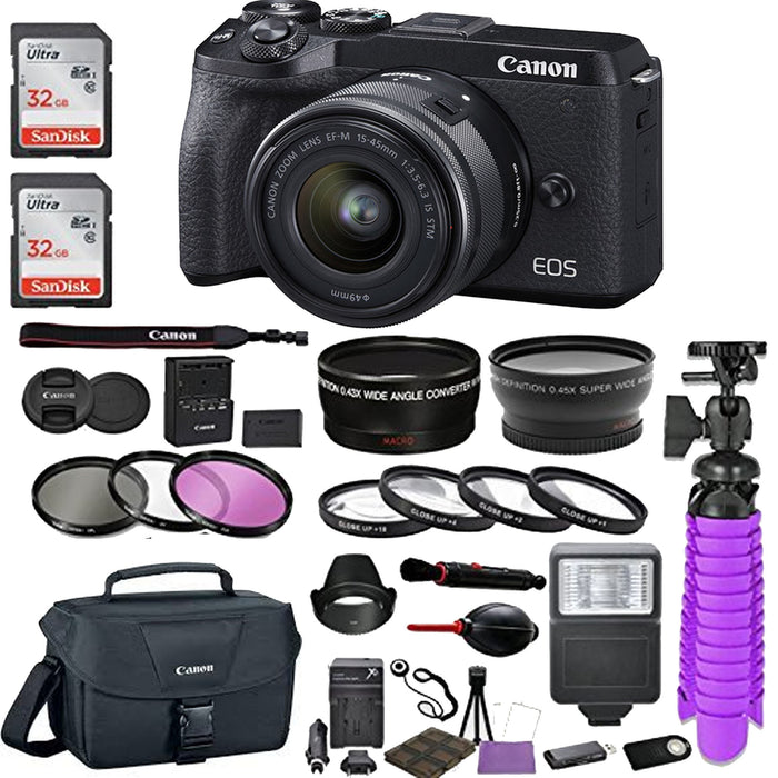 Canon EOS M6 Mark II Mirrorless Digital Camera with 15-45mm Lens w/ Canon Case | 64GB Memory | HD Filters | Auxiliary Lenses Bundle