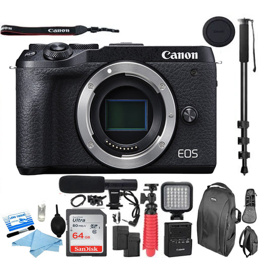 Canon EOS M6 Mark II Mirrorless Digital Camera (Black, Body Only) with w/ Backpack, Cleaning Kit, Microphone Bundle