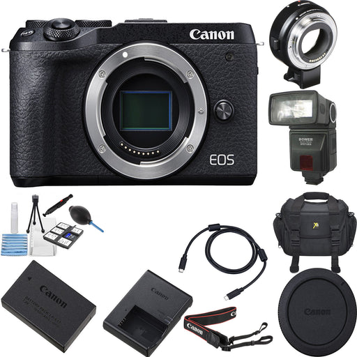 Canon EOS M6 Mark II Mirrorless Digital Camera (Body) w/ Canon Adapter for EF/EF-S Lenses | Flash | Case &amp; Cleaning Kit Essential Bundle