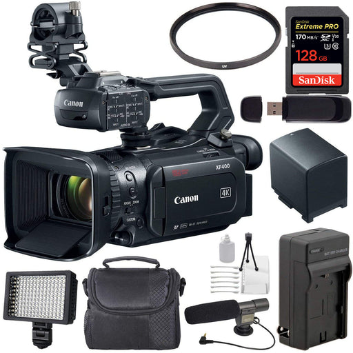 Canon XF400 4K UHD 60P Camcorder with Dual-Pixel Autofocus 128GB Memory Card + BP-820 Battery + 58mm UV + Condenser Mic Bundle