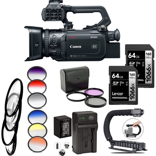 Canon XF400 4K UHD 60P Camcorder with Dual-Pixel Autofocus 6PC Graduated Color Filter + Spare Battery - 32GB Bundle