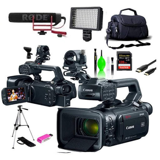 Canon XF405 4K UHD 60P Camcorder with Dual-Pixel Autofocus with Rode Microphone | Case | Tripod | LED Light &amp; More Bundle