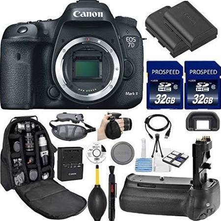 Canon EOS 7D Mark II DSLR Camera (Body Only). Kit Includes, 2Pcs 32GB Commander MemoryCard + Battery Grip + Extra Battery Deluxe Bundle