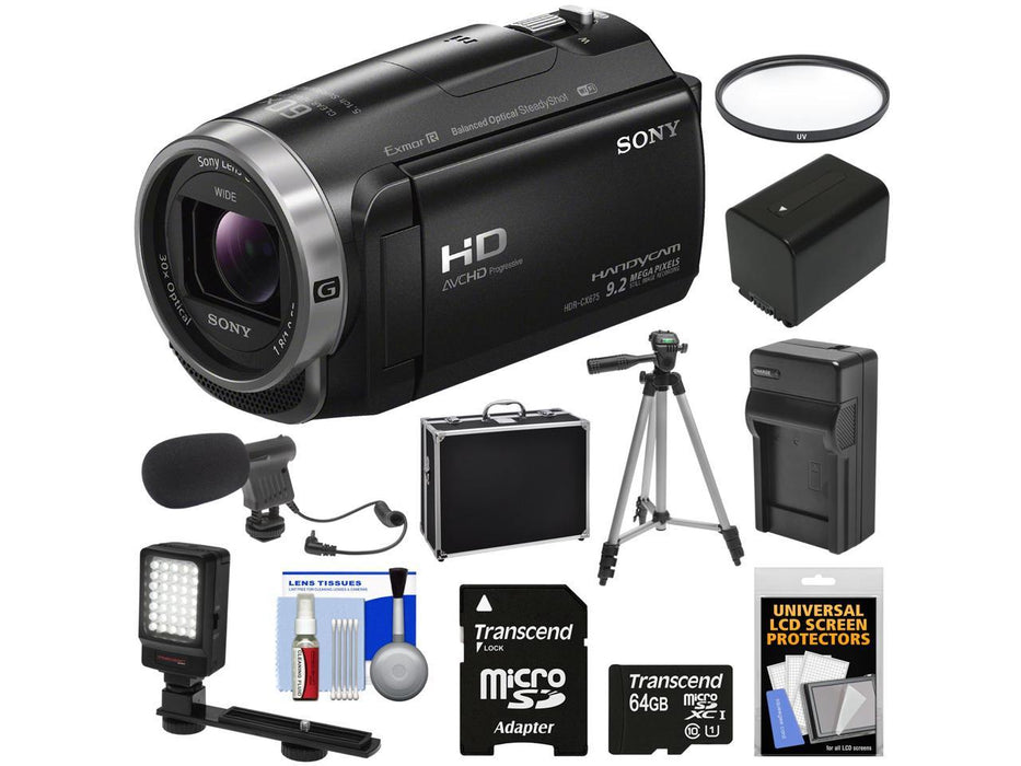 Sony Handycam HDR-CX675 32GB Wi-Fi HD Video Camera Camcorder with 64GB Card + Battery &amp; Charger + Hard Case + Tripod + LED Light + Microphone + Kit
