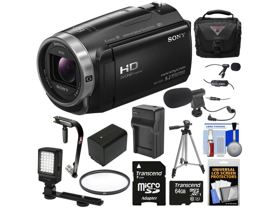 Sony Handycam HDR-CX675 32GB Wi-Fi HD Video Camera Camcorder with 64GB Card | Battery &amp; Charger | Case | Tripod | Stabilizer | LED | Microphones PKG