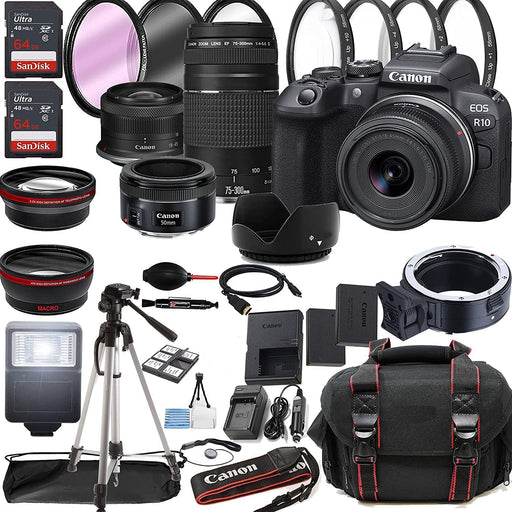 Canon EOS R10 Mirrorless Digital Camera with RF-S 18-45mm f/4.5-6.3 is STM Lens + 75-300mm F/4-5.6 III Lens + 50mm f/1.8 STM Lens + 128GB Memory + Case + Tripod + Filters 43pc Bundle - NJ Accessory/Buy Direct & Save