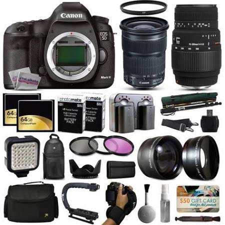 Canon EOS 5D Mark III / IV DSLR Digital Camera 18-55mm is II Sigma 70-300mm Lens 128GB Memory 2 Batteries Charger LED Video Light Backpack