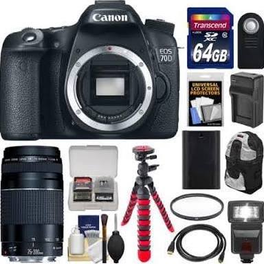 Canon EOS 70D/80D Digital SLR Camera Body with 75-300mm III Lens 64GB Card Backpack Flash Battery Charger Tripod Kit