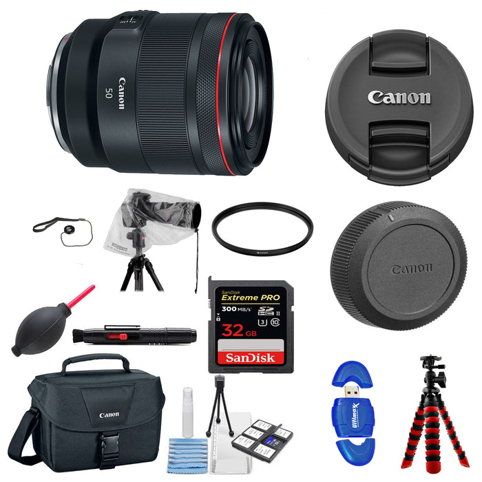 Canon RF 50mm f/1.2L USM Lens Sandisk Extreme Pro 32GB Starter Package With Rain Cover