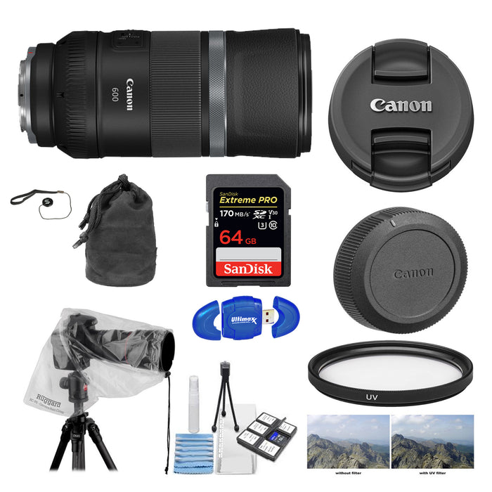 Canon RF 600mm f/11 IS STM 64 GB LensRain Cover | Cleaning Kit & UV Filter Package