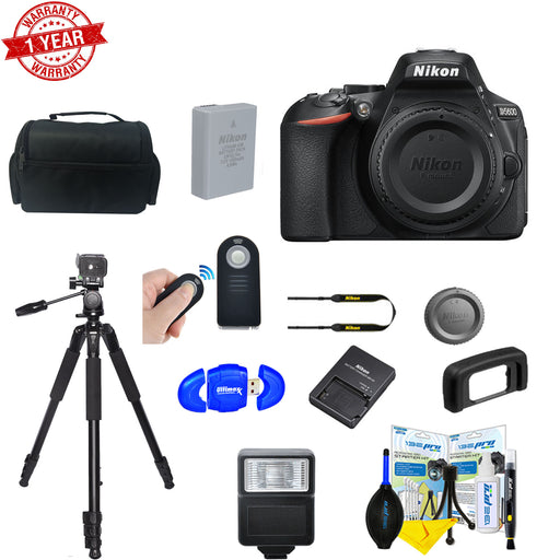 Nikon D5600 DSLR Camera (Body Only) with 50&quot; Tripod | Cleaning Kit | Flash | Card Reader Bundle