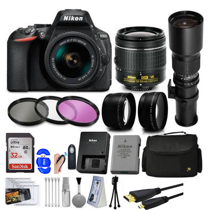 Nikon D5600 Digital SLR Camera Black with 18-55mm and 500mm Preset Telephoto Lens + 32GB 25PC Accessory Bundle Kit