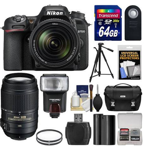 Nikon D7500 Wi-Fi 4K Digital SLR Camera with 18-140mm &amp; 55-300mm VR DX Lens + 64GB Card + Battery + Case + Tripod + Flash + Filters + Kit