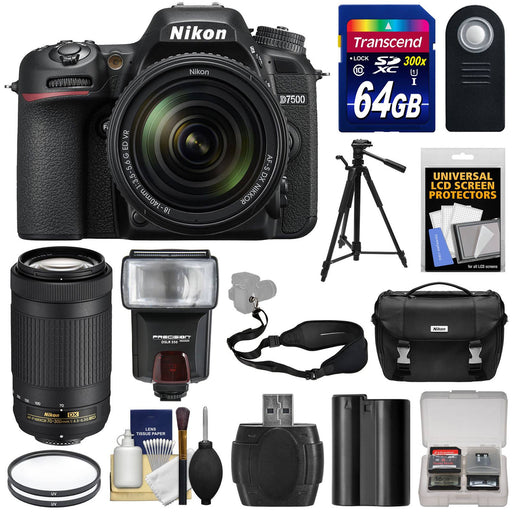 Nikon D7500 Wi-Fi 4K Digital SLR Camera with 18-140mm VR &amp; 70-300mm DX AF-P Lens + 64GB Card + Battery + Case + Tripod + Flash + Filters + Kit