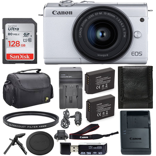 Canon EOS M200 Mirrorless Digital Camera with 15-45mm Lens (White) &amp; Sandisk 128GB Memory Card &amp; Additional Accessories Package