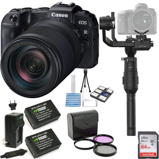 Canon EOS RP Mirrorless Digital Camera with 24-240mm Lens - with DJI Ronin-S Essentials Kit, 64GB MC, Cleaning Kit, 72mm Filter Kit
