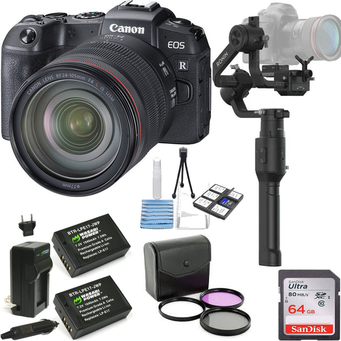 Canon EOS RP Mirrorless Digital Camera with 24-105mm Lens- with DJI Ronin-S Essentials Kit, 64GB MC, Cleaning Kit, 77mm Filter Kit