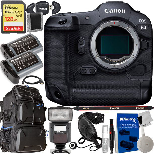 Canon EOS R3 Mirrorless Camera (Body Only) with Advanced Accessory Bundle:  SanDisk 128GB Extreme SDXC, 2x Extended Life Batteries, Deluxe