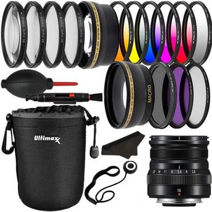 FUJIFILM XF 16mm f/2.8 R WR Lens (Black) Advanced Accessory Bundle with Water Resistant Lens Pouch, 6 pc Professional Gradual Color Filter + 3 pc Multi-Coated UV Filter Kits