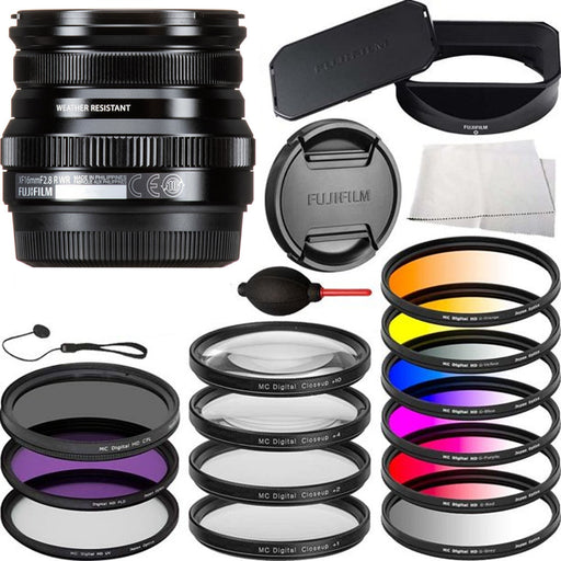 FUJIFILM XF 16mm f/2.8 R WR Lens (Black) Filter Bundle: 3PC Filter Kit, 4PC Macro Filter Kit, 6PC Gradual Color Filter Kit &amp; More