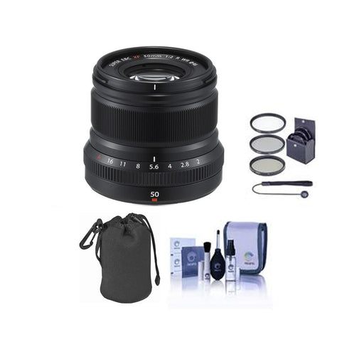 FUJIFILM XF 50mm f/2 R WR Lens (Black) Bundle With Filter Kit, Lens Case, Cleaning Kit &amp; Cap Keeper