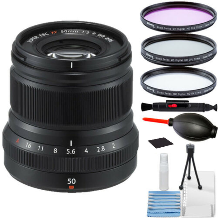 FUJIFILM XF 50mm f/2 R WR Lens (Black) Bundle With Filter and Cleaning Kit