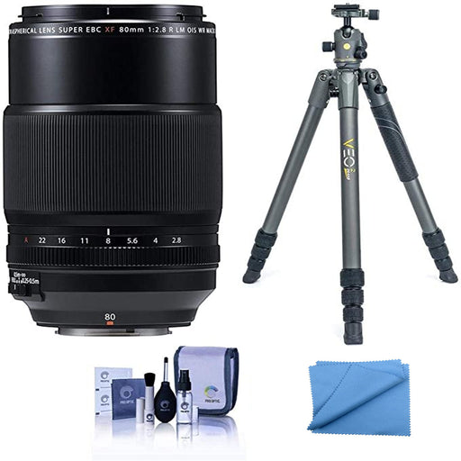 FUJIFILM XF 80mm f/2.8 R LM OIS WR Macro Lens Bundle with Aluminum Travel Tripod, Microfiber Cloth and Cleaning Kit