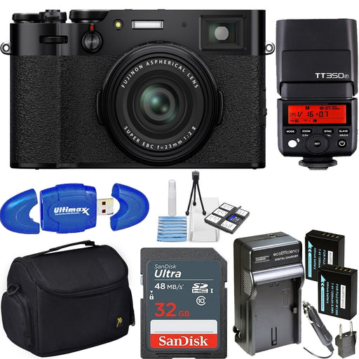FUJIFILM X100V Digital Camera (Black) with Godox TT350 Flash Deluxe Bundle