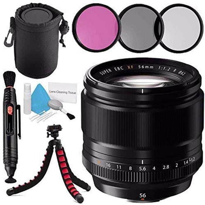 Fujifilm XF 56mm f/1.2 R Lens with 62mm 3 Piece Filter Kit | Deluxe Cleaning Kit | Lens Pouch | Lens Pen Cleaner | Flexible Tripod Bundle