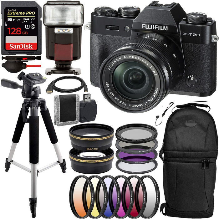 Fujifilm X-T20 Mirrorless Digital Camera with 16-50mm Lens Deluxe Accessory Bundle Includes: SanDisk Extreme PRO 128GB, Flash, Tripod &amp; More