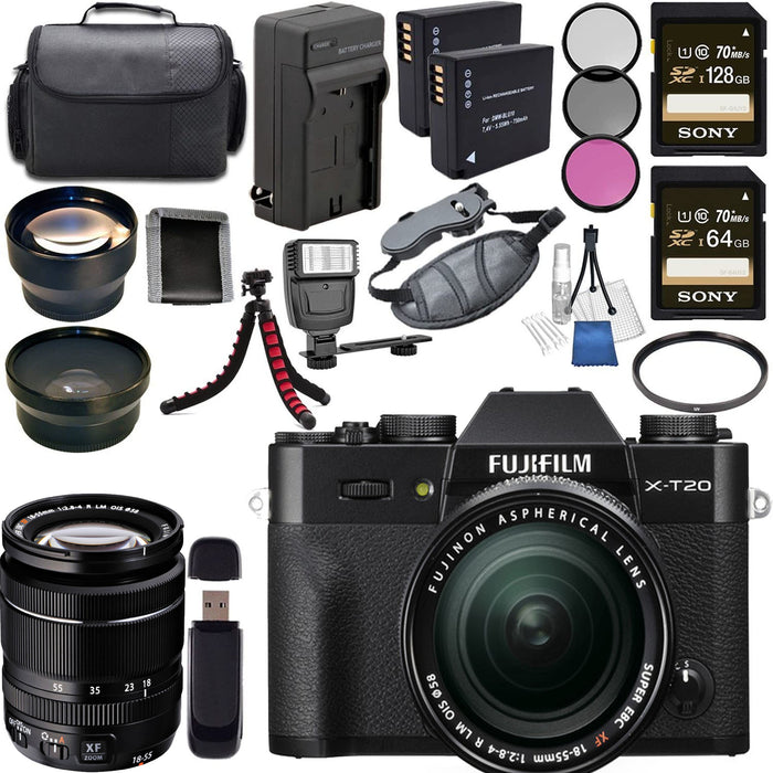 Fujifilm X-T20 Mirrorless Digital Camera with 18-55mm Lens (Black) &amp; NP-W126 Battery + Charger + Case + Tripod + Flash Bundle
