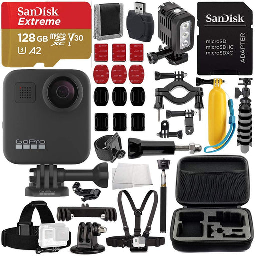 GoPro MAX 360 Action Camera Deluxe Bundle: SanDisk Extreme 128GB microSDXC Memory Card + Underwater LED Light + Carrying Case, and More
