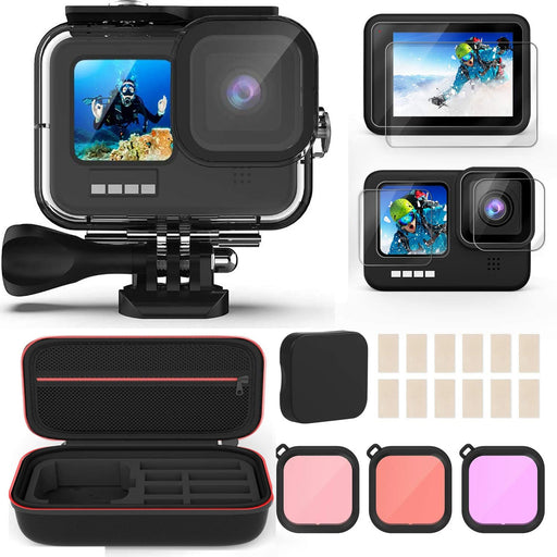 GoPro HERO9 Black with Waterproof Housing + Glass Screen Protector + Silicone Case + Carrying Case + Lens Caps + Color Correction Filters