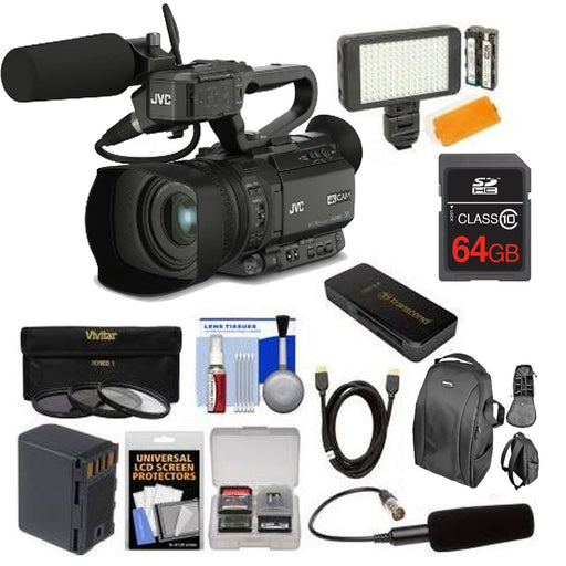 JVC GY-HM170U Ultra 4K HD Professional Camcorder &amp; Top Handle Audio Unit with XLR Microphone + 64GB Card + Battery + Hard Case + LED Light Kit