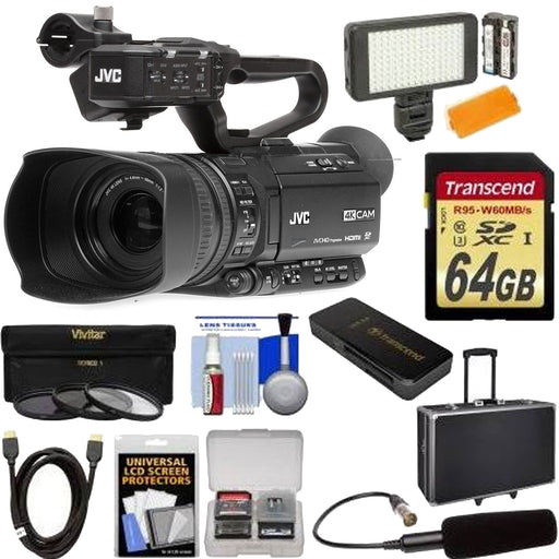 JVC GY-HM250 UHD 4K Streaming Camcorder with Built-in Lower-Thirds Graphics W/ XLR Microphone 64GB Card Hard Case LED Light Kit