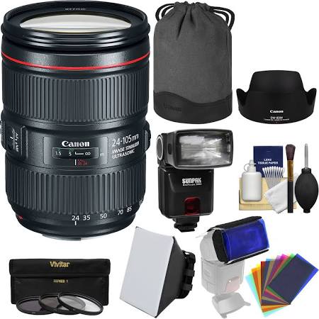 Canon EF 24-105mm f/4L Is II USM Zoom Lens with 3 UV/CPL/ND8 Filters + Flash + Gel Diffusers + Soft Box + Kit