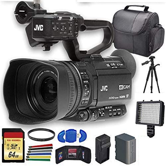 JVC GY-HM180 Ultra HD 4K Camcorder with HD-SDI GY-HM180U |Extra Battery, UV Filter, Tripod, Padded Case, LED Light, 64GB MC &amp; More Starter Bundle