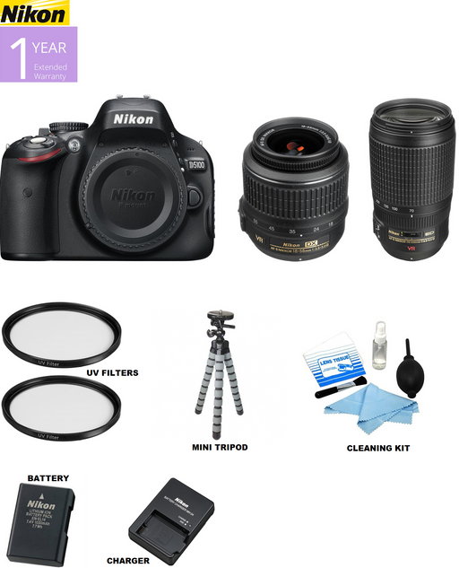 Nikon D5100/D5600 DSLR Camera with 18-55mm &amp; 70-300mm G Lens | 2x UV Filters | Spider Tripod | Cleaning Kit