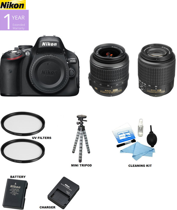 Nikon D5100/D5600 DSLR Camera with 18-55mm Lens &amp; Nikon 55-200mm Lenses | UV Filters | Spider Tripod | Cleaning Kit Package