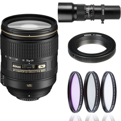Nikon AF-S NIKKOR 24-120mm f/4G ED VR Zoom Lens with 500mm Preset Lens | T-Mount Adapter &amp; 77mm Filter Kit