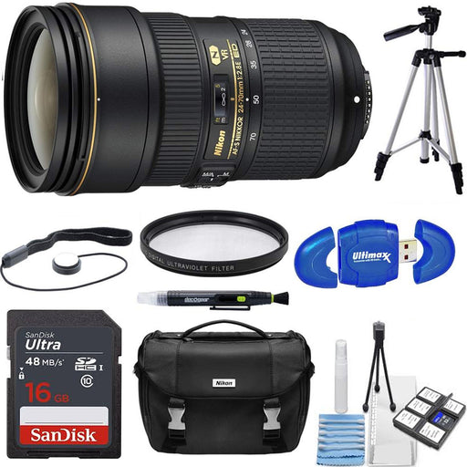 Nikon AF-S NIKKOR 24-70mm f/2.8E ED VR Lens with 16GB Memory Card, UV Filter, Bag, Card Reader, Mem Card Wallet and (4 Items)