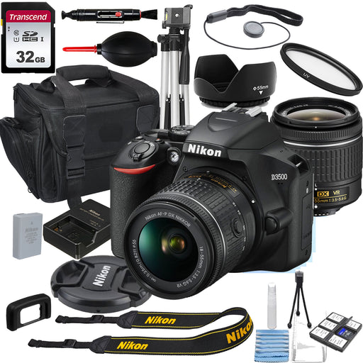 Nikon D3500 DSLR Camera with 18-55mm VR Lens + 32GB Card, Tripod, Case, and More