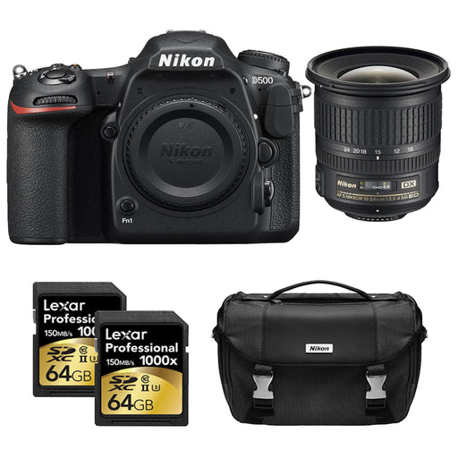 Nikon D500 CMOS DX DSLR Camera w/ 4K Video (Body) W/10-24mm ED NIKKOR Lens| 64GB Lexar MCs| Nikon DSLR Bag Starter Bundle