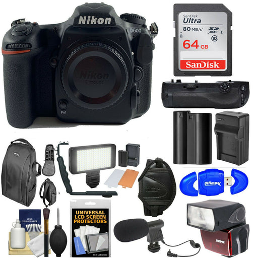 Nikon D500 Wi-Fi 4K Digital SLR Camera Body with 64GB Card + Backpack + Flash + LED Light + Mic + Battery &amp; Charger + Grip + Kit