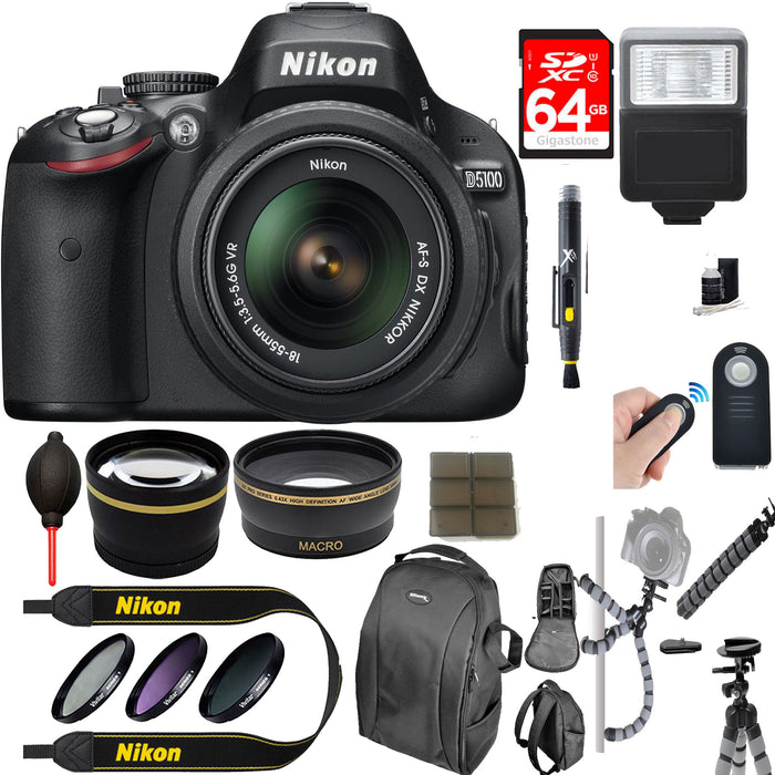 Nikon D5100/D5600 Digital SLR Camera With 18-55mm f/3.5-5.6G VR Lens Accessory Bundle 64GB SDXC Memory